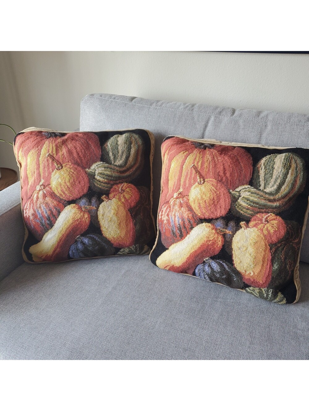 Pair Vintage Handmade Needlepoint Autumn Fall Harvest Throw Pillows